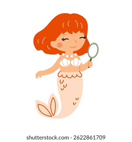 Cute little mermaid with red hair holding mirror. Cartoon vector illustration