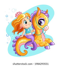 Cute little mermaid riding on a fabulous sea horse. A cartoon character. Vector illustration isolated on a white background. For T-shirt, print and design, poster, postcard, sticker,decor and clothing