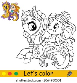 Cute little mermaid riding a seahorse. Coloring page and colorful template for preschool and school kids education. Vector illustration. For design, t shirt print, icon, logo, label, patch or sticker
