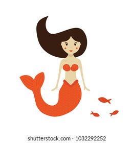 Cute little mermaid with school of fish isolated on white background.