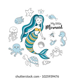 Cute little mermaid with sea animals. Under the sea vector illustration. My little mermaid