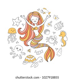 Cute little mermaid and sea animals. Under the sea vector illustration