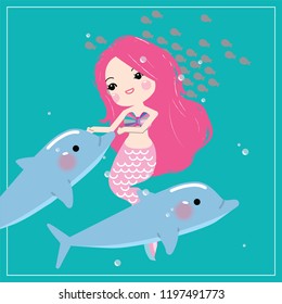 Cute little mermaid with sea animals. Under the sea in cartoon style, Vector illustration.
