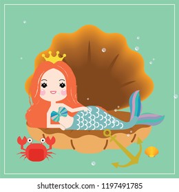 Cute little mermaid with sea animals. Under the sea in cartoon style, Vector illustration.