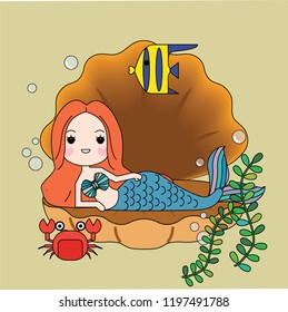 Cute little mermaid with sea animals. Under the sea in cartoon style, Vector illustration.