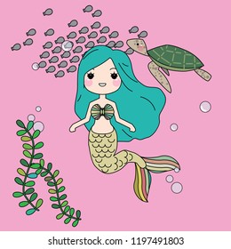 Cute little mermaid with sea animals. Under the sea in cartoon style, Vector illustration.