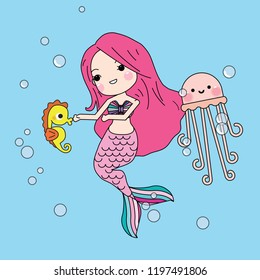 Cute little mermaid with sea animals. Under the sea in cartoon style, Vector illustration.