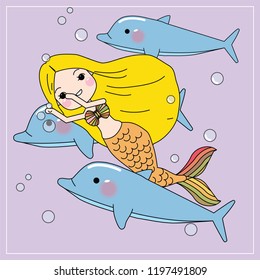 Cute little mermaid with sea animals. Under the sea in cartoon style, Vector illustration.
