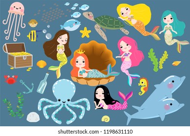 Cute little mermaid with sea animals. Under the sea in cartoon style, Vector illustration.