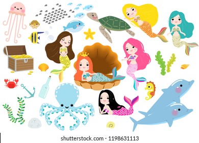 Cute little mermaid with sea animals. Under the sea in cartoon style, Vector illustration.