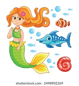 Cute little mermaid, sea animals. Isolated illustrations on white background with magical creatures for children's print. Vector clip art. Underwater princess. Marine life.