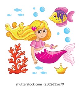 Cute little mermaid, sea animals. Isolated illustrations on white background with magical creatures for children's print. Vector clip art. Underwater princess. Marine life.