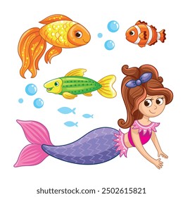 Cute little mermaid, sea animals. Isolated illustrations on white background with magical creatures for children's print. Vector clip art. Underwater princess. Marine life.