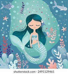 Cute little mermaid in the sea with fish and water plants. Children vector illustration for card, invitation, paint by numbers