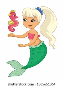 Cute little mermaid with sea horse. Vector cartoon mermaid. Vector illustration for children 