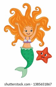  Cute little mermaid with sea star. Vector cartoon mermaid. Vector illustration for children 