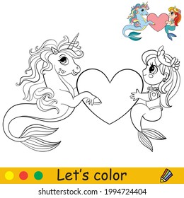 Cute little mermaid and seahorse holds a heart. Coloring book page with colorful template for kids. Vector isolated illustration. For coloring book, print, game, party, design