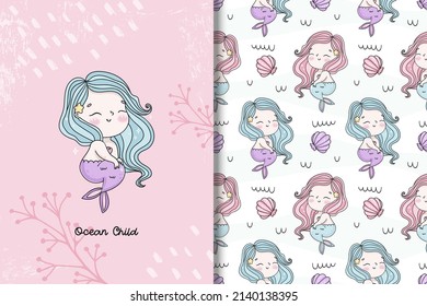 Cute little mermaid seamless pattern and card for kids