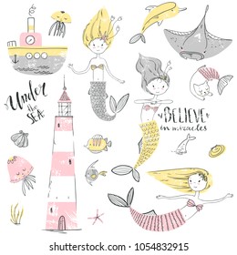 Cute little mermaid set. Believe in miracle. Textured vector illustration. Scandinavian style. Mermaids, corals and fishes. Vector illustration