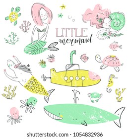 Cute little mermaid set. Believe in miracle. Textured vector illustration. Scandinavian style. Mermaids, corals and fishes. Vector illustration