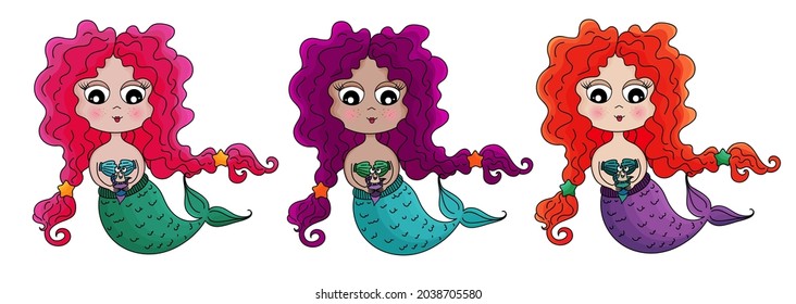 Cute little mermaid set. Different cartoon mermaid with long curly hair. Sea Underwater character, little baby marmaid with long curly pink hair. Marine theme, rusal.Beauutiful girl, fantasy character