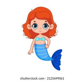 Cute little mermaid with short red hair and a blue tail. Vector illustration of magic character in cartoon childish style. Isolated funny clipart on white background. cute mermaid girl print