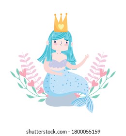 cute little mermaid sitting on rock with foliage moon cloud cartoon vector illustration
