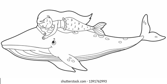  Cute little mermaid sleeping on the wale back. Coloring book. Vector cartoon mermaid. Vector illustration for children 