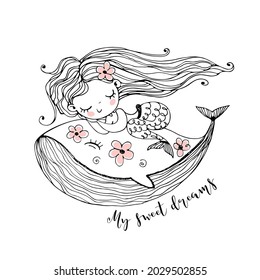 Cute little mermaid sleeping sweetly on a whale.  Vector.