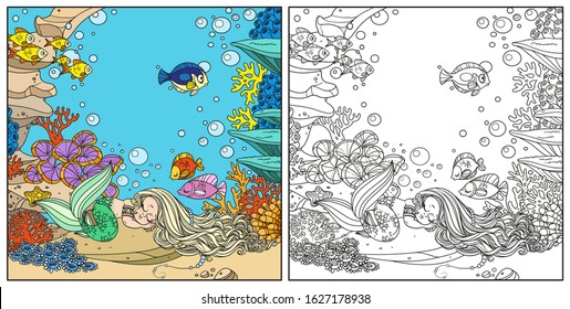 Cute little mermaid sleeps on a rock with corals on underwater world with corals and anemones background color and outlined