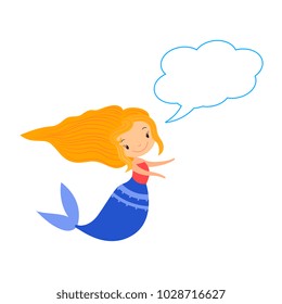 Cute little mermaid with speech bubble on white background. Cartoon mermaid with empty message bubble