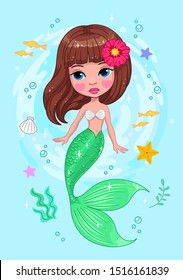 Cute little mermaid with starfish, seashells and fishes. Vector illustration