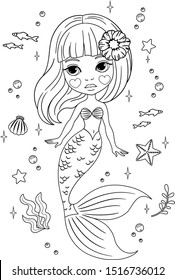 Cute little mermaid with starfish, seashells and fishes. Vector outline for coloring page