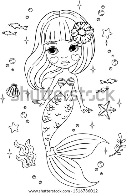 Cute Little Mermaid Starfish Seashells Fishes Stock Vector (Royalty ...