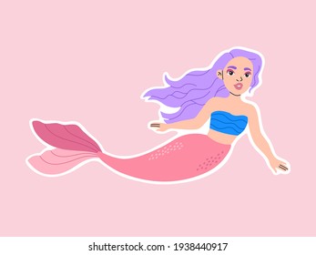 Cute little mermaid sticker, magical funny princess character, hand drawn pretty girl, purple hair and pink tail badge in flat cartoon style, underwater concept, modern trendy illustration isolated
