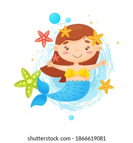 Cute little mermaid surrounded by starfish and bubbles. Simple illustration on an isolated background. Can be used as a design for stationery, clothing prints.