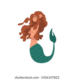 Cute Little Mermaid Swimming with Folded Hands, Fairytale Mythical Creature Cartoon Character Vector Illustration