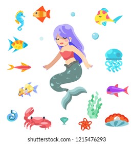 Cute little mermaid swimming under sea fishes animals flat design vector