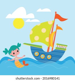 A cute little mermaid swims in the sea next to a sailboat boat. Vector illustration in cartoon children s style. Isolated funny girl character clipart. Cute sea fantasy print for girl