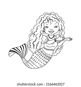 Cute little mermaid swims underwater in outline style. A design element for a postcard, coloring. Vector.