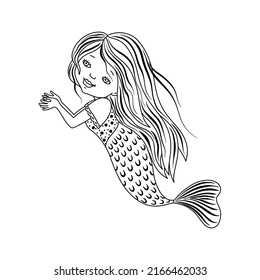 Cute little mermaid swims underwater in outline style. A design element for a postcard, coloring. Vector.