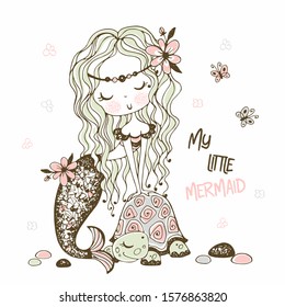 A cute little mermaid with a turtle. Doodle style. Vector.