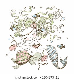 A cute little mermaid with a turtle. Doodle style. Vector.