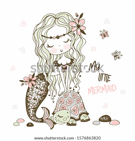 A cute little mermaid with a turtle. Doodle style. Vector.