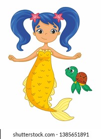 Cute little mermaid with turtle. Vector cartoon mermaid. Vector illustration for children 

