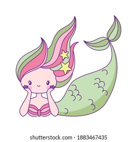 Cute little mermaid. Underwater princess with fish tail in green and pink colors lying, myth of kids fairy tale, adorable ocean fantasy creature, vector cartoon single isolated flat style character