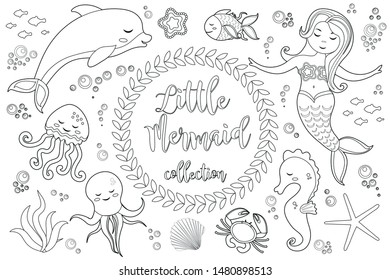 Cute little mermaid and underwater world set Coloring book page for kids. Collection of design element, outline, doodle style. Kids baby clip art antistress. Vector illustration