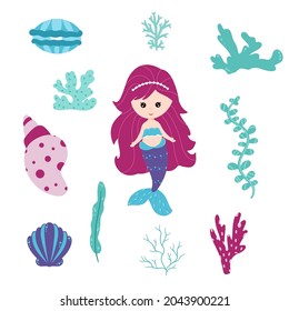 Cute little mermaid and an underwater world. Cute vector set. Little mermaids and elements of the sea world, algae, corals, shells, pearls, plants.  A mythical marine collection. Cartoon style.