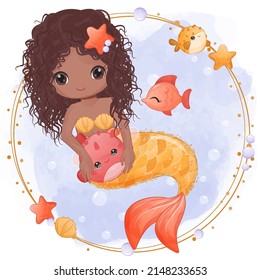 Cute little mermaid in watercolor illustration