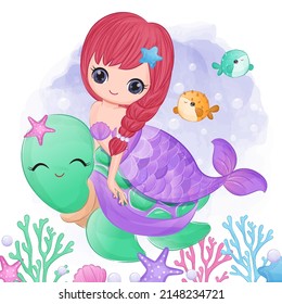 Cute little mermaid in watercolor illustration